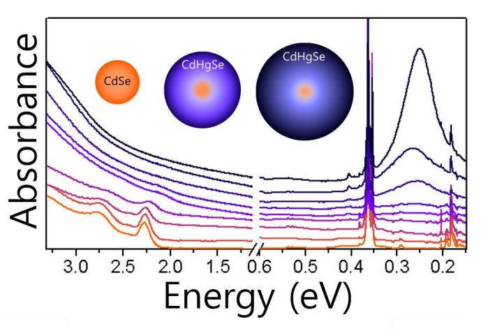 Major Electronic Transition Shift from Bandgap to Localized Surface Plasmon Resonance in CdxHg1-xSe Alloy Nanocrystals 이미지